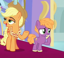Size: 640x580 | Tagged: safe, editor:ebotizer, applejack, aunt and nephew, aunt applejack, colt, cropped, duo, earth pony, edit, edited screencap, female, foal, g4, imported from derpibooru, indoors, little mac, male, mare, my little pony: friendship is magic, older, older applejack, pony, screencap, the last problem