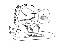 Size: 1419x1048 | Tagged: safe, artist:miscuitsxd, rainbow dash, scootaloo, black and white, concentrating, drawing, eyes closed, female, filly, foal, g4, glasses, grayscale, imported from derpibooru, mare, monochrome, pegasus, pencil, pony, sketch, thought bubble, tongue out