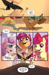 Size: 2685x4096 | Tagged: safe, artist:miscuitsxd, apple bloom, scootaloo, sweetie belle, apple bloom's bow, augmented, augmented wings, aviator goggles, bird, bow, cliff, comic, cutie mark crusaders, earth pony, female, filly, foal, g4, goggles, goggles around neck, hair bow, horn, imported from derpibooru, open mouth, open smile, outdoors, pegasus, pony, running, smiling, spread wings, sweat, trio, unicorn, wings