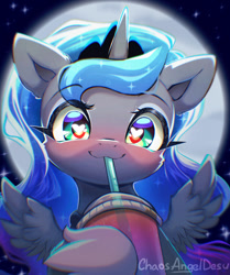 Size: 1000x1195 | Tagged: safe, artist:chaosangeldesu, princess luna, alicorn, blushing, chromatic aberration, cute, drink, drinking, drinking straw, female, filly, filly luna, foal, g4, heart, heart eyes, hoof shoes, imported from derpibooru, looking at you, lunabetes, mare, moon, night, pony, princess shoes, smiling, smiling at you, solo, spread wings, stars, wing fluff, wingding eyes, wings, woona, younger