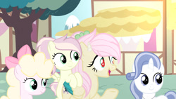 Size: 1280x720 | Tagged: safe, artist:lps604, oc, oc:candy cake, oc:lily glow, oc:little harmony, oc:topaz night, earth pony, earth pony oc, female, filly, foal, group, horn, hybrid, hybrid oc, imported from derpibooru, interspecies offspring, mare, oc only, offspring, outdoors, parent:cheese sandwich, parent:discord, parent:fancypants, parent:fluttershy, parent:pinkie pie, parent:rarity, parents:cheesepie, parents:discoshy, parents:raripants, pegasus, pegasus oc, pony, quartet, unicorn, unicorn oc