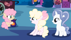 Size: 1159x658 | Tagged: safe, artist:lps604, oc, oc:candy cake, oc:caramel pie, oc:topaz night, earth pony, earth pony oc, female, filly, foal, horn, imported from derpibooru, oc only, offspring, outdoors, parent:cheese sandwich, parent:fancypants, parent:pinkie pie, parent:rarity, parents:cheesepie, parents:raripants, pony, trio, unicorn, unicorn oc