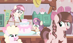 Size: 1280x753 | Tagged: safe, artist:lps604, oc, oc:balloon pie, oc:candy cake, oc:diamond swirl, oc:solstice blossom, baby, baby pony, earth pony, female, filly, foal, horn, imported from derpibooru, indoors, mare, oc only, offspring, parent:cheese sandwich, parent:pinkie pie, parent:pound cake, parent:princess flurry heart, parents:cheesepie, parents:poundflurry, pegasus, pony, unicorn