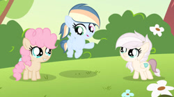 Size: 750x421 | Tagged: safe, artist:lps604, oc, oc:caramel pie, oc:lily glow, oc:solstice dash, earth pony, female, filly, foal, hybrid, imported from derpibooru, interspecies offspring, oc only, offspring, outdoors, parent:cheese sandwich, parent:discord, parent:fluttershy, parent:pinkie pie, parent:rainbow dash, parent:soarin', parents:cheesepie, parents:discoshy, parents:soarindash, pegasus, pony