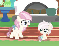 Size: 750x581 | Tagged: safe, artist:lps604, oc, oc:galaxy shy, oc:lily glow, baby, baby pony, female, filly, foal, hybrid, imported from derpibooru, indoors, interspecies offspring, oc only, offspring, parent:discord, parent:fluttershy, parents:discoshy, pegasus, pony, siblings, sisters