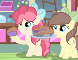 Size: 749x582 | Tagged: safe, artist:lps604, oc, oc:apple heart, oc:strawberry shortcake, earth pony, female, filly, foal, food, imported from derpibooru, indoors, oc only, offspring, parent:applejack, parent:caramel, parent:cheese sandwich, parent:pinkie pie, parents:carajack, parents:cheesepie, pie, pony
