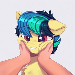 Size: 3000x3000 | Tagged: safe, artist:nnaly, oc, oc:apogee, cheek squish, chest fluff, cute, female, filly, filly oc, foal, freckles, hand, high res, human, imported from derpibooru, oc only, offscreen character, offscreen human, pegasus, pegasus oc, pony, red eyes, simple background, smiling, squishy cheeks, white background