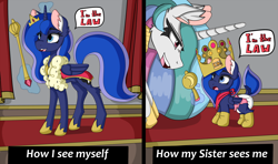 Size: 3000x1777 | Tagged: safe, artist:cuddlelamb, princess celestia, princess luna, burger king crown, clothes, crown, cute, diaper, diaperluna, female, filly, filly luna, foal, g4, imported from derpibooru, jewelry, lunabetes, pony, rattle, regalia, socks, speech bubble, woona, younger