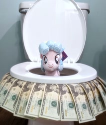 Size: 675x791 | Tagged: safe, 20 dollar bill, bathroom, but why, cozy glow, dollar, federal reserve note, female, filly, foal, g4, imported from derpibooru, indoors, irl, money, pegasus, photo, plushie, pony, toilet, wat