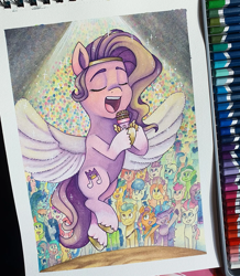 Size: 1440x1653 | Tagged: safe, artist:sniputin, background pony, cheek squish, crowd, earth pony, female, filly, foal, g5, glory (g5), hitch trailblazer, horn, hug, imported from derpibooru, izzy moonbow, male, mane five, mane six (g5), mare, microphone, misty brightdawn, peach fizz, pegasus, pipp petals, pippsqueak trio, pony, seashell (g5), singing, solo focus, squishy cheeks, stage, stallion, sunny starscout, traditional art, unicorn, windy, zipp storm