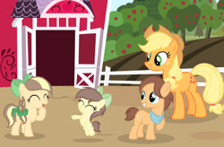 Size: 1280x840 | Tagged: safe, artist:lps604, applejack, oc, oc:apple heart, oc:butterscotch, oc:zap apple cider, colt, earth pony, female, filly, foal, g4, imported from derpibooru, male, mare, offspring, outdoors, parent:applejack, parent:caramel, parents:carajack, pony