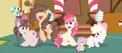 Size: 1280x558 | Tagged: safe, artist:lps604, oc, oc:balloon pie, oc:candy cake, oc:caramel pie, oc:chocolate sprinkles, oc:strawberry pie, earth pony, female, filly, foal, imported from derpibooru, indoors, mare, oc only, offspring, parent:cheese sandwich, parent:pinkie pie, parents:cheesepie, pony, siblings, sisters
