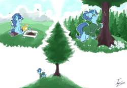 Size: 4140x2880 | Tagged: safe, artist:angrydiaper123, oc, oc:spruce sprout, business suit, businessmare, clothes, cute, female, filly, foal, forest, glasses, high res, horn, imported from derpibooru, mare, nature, oc only, outdoors, pony, signature, smiling, solo, tree, unicorn, unicorn oc, watering can