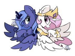 Size: 1591x1194 | Tagged: safe, artist:hdzy, princess celestia, princess luna, alicorn, back to back, bust, chest fluff, crown, female, filly, foal, g4, horn, imported from derpibooru, jewelry, looking at each other, looking at someone, looking back, open mouth, open smile, pink-mane celestia, pony, raised hoof, regalia, royal sisters, s1 luna, siblings, sisters, smiling, wings, younger
