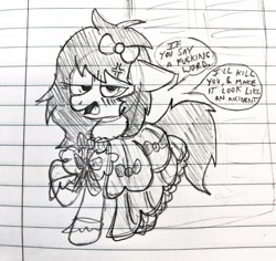 Size: 2400x2266 | Tagged: safe, artist:dhm, oc, oc:filly anon, angry, blushing, clothes, cross-popping veins, cute, dialogue, dress, dressing room, dressup, emanata, embarrassed, female, filly, foal, frilly dress, imported from derpibooru, lined paper, looking at you, monochrome, oc only, paper, sketch, solo, speech bubble, swearing, talking to viewer, text, threatening, tomboy taming, traditional art, vulgar
