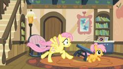 Size: 3000x1686 | Tagged: safe, artist:asdflove, fluttershy, oc, oc:applecore, apple family home, chase, duo, duo female, earth pony, female, filly, fluttermom, foal, g4, gritted teeth, imported from derpibooru, indoors, mare, mother and child, mother and daughter, offspring, parent:big macintosh, parent:fluttershy, parents:fluttermac, pegasus, pony, teeth