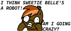 Size: 803x357 | Tagged: safe, artist:cheeziegal87, button mash, colt, doodle, earth pony, foal, g4, hooves on cheeks, implied sweetie belle, implied sweetie bot, imported from derpibooru, male, pinpoint eyes, pony, reference, simple background, solo, text, white background