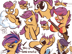 Size: 1920x1440 | Tagged: semi-grimdark, artist:moonivy, scootaloo, bags under eyes, blood, cigarette, cloud, ear piercing, earring, eyebrows, eyebrows visible through hair, female, filly, foal, g4, gun, hooped earrings, imported from derpibooru, jewelry, lying down, lying on a cloud, narrowed eyes, on a cloud, open mouth, open smile, pegasus, piercing, pony, raised eyebrow, rifle, scooter, simple background, smiling, smoking, sunglasses, weapon, white background