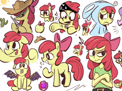 Size: 1920x1440 | Tagged: safe, artist:moonivy, apple bloom, diamond tiara, animal costume, apple, bunny costume, cactus, clothes, costume, cowboy hat, crossed arms, earth pony, equestria girls, eye clipping through hair, fake fangs, fake wings, female, filly, foal, food, frown, g4, grin, gun, handgun, hat, human, imported from derpibooru, music notes, offscreen character, pony, revolver, show stopper outfits, simple background, smiling, solo focus, sparkles, tongue out, white background, yellow apple