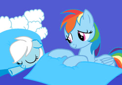 Size: 750x525 | Tagged: safe, artist:season-the-wiccan, rainbow dash, oc, oc:cumulus, fanfic:instant mom, duo, duo female, female, filly, foal, g4, imported from derpibooru, mare, mother and child, mother and daughter, needs more jpeg, parent:rainbow dash, pegasus, pony, simple background