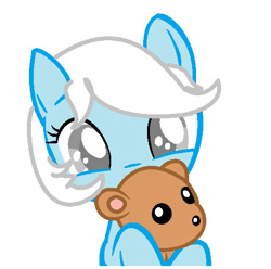 Size: 511x506 | Tagged: safe, artist:season-the-wiccan, oc, oc:cumulus, fanfic:instant mom, blind, female, filly, foal, g4, imported from derpibooru, needs more jpeg, oc only, parent:rainbow dash, pegasus, plushie, pony, simple background, solo, teddy bear, white background