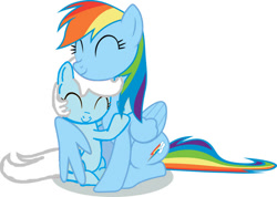 Size: 749x532 | Tagged: safe, artist:season-the-wiccan, rainbow dash, oc, oc:cumulus, fanfic:instant mom, duo, duo female, eyes closed, female, filly, foal, g4, hug, imported from derpibooru, mare, mother and child, mother and daughter, needs more jpeg, parent:rainbow dash, pegasus, pony, simple background, white background, winghug, wings