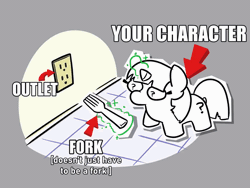 Size: 1280x960 | Tagged: safe, artist:jargon scott, animated, commission, earth pony, electrical outlet, female, filly, foal, fork, gif, glowing, glowing horn, horn, imported from derpibooru, indoors, levitation, loop, magic, pegasus, pony, solo, squatpony, telekinesis, text, this will end in electrocution, unicorn, wing hold, wings, your character here