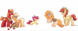 Size: 2048x825 | Tagged: safe, artist:lilytheflowerl, apple bloom, applejack, apple, apple siblings, apple sisters, bag, basket, big macintosh, bright mac, brother and sister, crying, earth pony, female, filly, floppy ears, foal, food, g4, group, heart, heart eyes, imported from derpibooru, incoming hug, male, mare, open mouth, open smile, outstretched hoof, pear butter, pony, quintet, rearing, saddle bag, ship:brightbutter, shipping, siblings, signature, simple background, sisters, smiling, stallion, straight, sweet dreams fuel, tears of joy, white background, wingding eyes