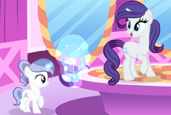 Size: 749x506 | Tagged: safe, artist:lps604, rarity, oc, oc:moonstone light, duo, female, filly, foal, g4, horn, imported from derpibooru, indoors, mare, mother and child, mother and daughter, offspring, parent:fancypants, parent:rarity, parents:raripants, pony, unicorn, unicorn oc