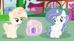 Size: 1280x719 | Tagged: safe, artist:lps604, oc, oc:jett, oc:topaz night, colt, duo, duo male and female, female, filly, foal, glowing, glowing horn, horn, imported from derpibooru, magic, male, oc only, offspring, outdoors, parent:fancypants, parent:rarity, parents:raripants, pony, present, unicorn, unicorn oc