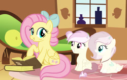 Size: 750x471 | Tagged: safe, artist:lps604, fluttershy, oc, oc:little harmony, oc:meadow wishes, female, filly, foal, g4, hybrid, imported from derpibooru, indoors, interspecies offspring, mare, offspring, parent:discord, parent:fluttershy, parents:discoshy, pegasus, pony