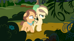 Size: 750x421 | Tagged: safe, artist:lps604, oc, oc:butterscotch, oc:zap apple cider, colt, duo, duo male and female, earth pony, female, filly, foal, imported from derpibooru, male, needs more jpeg, oc only, offspring, outdoors, parent:applejack, parent:caramel, parents:carajack, pony, siblings, tree