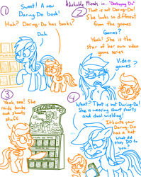 Size: 4779x6013 | Tagged: safe, artist:adorkabletwilightandfriends, rainbow dash, scootaloo, comic:adorkable twilight and friends, adorkable, adorkable friends, bipedal, book, bookshelf, clothes, comic, cute, daring do, dork, dual wield, female, filly, foal, friendship, g4, games, gun, happy, imported from derpibooru, pegasus, pony, ponytail, shopping, shorts, silly, slice of life, smiling, store, sunglasses, upset, video game, weapon