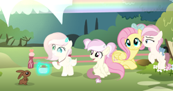 Size: 2505x1319 | Tagged: safe, artist:lps604, fluttershy, oc, oc:galaxy shy, oc:little harmony, oc:meadow wishes, female, filly, foal, g4, hybrid, imported from derpibooru, interspecies offspring, mare, offspring, outdoors, parent:discord, parent:fluttershy, parents:discoshy, pegasus, pony