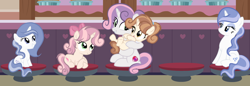Size: 4096x1409 | Tagged: safe, artist:lps604, sweetie belle, oc, oc:moonstone light, oc:rose magic, oc:sweet music, oc:topaz night, female, filly, foal, g4, horn, imported from derpibooru, indoors, mare, offspring, older, older sweetie belle, parent:button mash, parent:fancypants, parent:rarity, parent:sweetie belle, parents:raripants, parents:sweetiemash, pony, unicorn