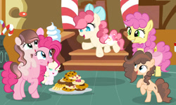 Size: 749x446 | Tagged: safe, artist:lps604, pinkie pie, oc, oc:balloon pie, oc:candy cake, oc:chocolate sprinkles, oc:strawberry pie, baby, baby pony, earth pony, female, filly, foal, g4, imported from derpibooru, indoors, li'l cheese, mare, offspring, parent:cheese sandwich, parent:pinkie pie, parents:cheesepie, pony, teenager