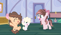 Size: 749x432 | Tagged: safe, artist:lps604, oc, oc:balloon pie, oc:candy cake, oc:chocolate sprinkles, baby, baby pony, earth pony, female, filly, foal, imported from derpibooru, indoors, oc only, offspring, parent:cheese sandwich, parent:pinkie pie, parents:cheesepie, pony, siblings, sisters