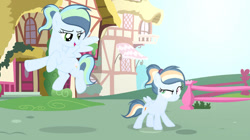 Size: 750x421 | Tagged: safe, artist:lps604, oc, oc:rainbow light, oc:solstice dash, female, filly, foal, imported from derpibooru, mare, oc only, offspring, outdoors, parent:rainbow dash, parent:soarin', parents:soarindash, pegasus, pony, siblings, sisters