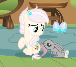 Size: 535x466 | Tagged: safe, artist:lps604, oc, oc:lily glow, animal, female, filly, foal, g4, hybrid, imported from derpibooru, indoors, interspecies offspring, mr. bouncy, offspring, parent:discord, parent:fluttershy, parents:discoshy, pegasus, pony, rabbit, solo