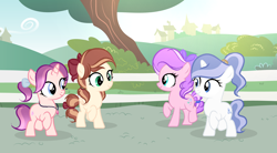 Size: 2348x1299 | Tagged: safe, artist:lps604, oc, oc:lucy light, oc:moonstone light, oc:sunset meadow, oc:violet sunrise, earth pony, female, filly, foal, horn, imported from derpibooru, oc only, offspring, outdoors, parent:fancypants, parent:fire streak, parent:rarity, parent:starlight glimmer, parent:sunburst, parent:sunset shimmer, parents:raripants, parents:starburst, parents:sunsetstreak, pegasus, pony, unicorn