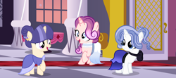 Size: 5558x2462 | Tagged: safe, artist:lps604, oc, oc:moonstone light, oc:nova sentry, oc:violet sunrise, female, filly, foal, horn, imported from derpibooru, indoors, oc only, offspring, parent:fancypants, parent:flash sentry, parent:rarity, parent:starlight glimmer, parent:sunburst, parent:twilight sparkle, parents:flashlight, parents:raripants, parents:starburst, pony, unicorn