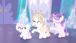 Size: 4272x2435 | Tagged: safe, artist:lps604, oc, oc:crystal clear, oc:diamond heart, oc:melody gemstone, female, filly, foal, horn, imported from derpibooru, indoors, oc only, offspring, parent:princess cadance, parent:shining armor, parents:shiningcadance, pegasus, pony, unicorn