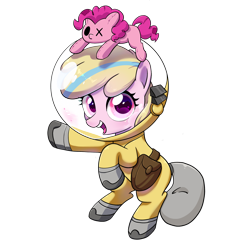 Size: 2048x2048 | Tagged: safe, artist:fantasysong, pinkie pie, oc, oc:puppysmiles, bag, bubble helmet, button eyes, commission, doll, earth pony, fallout equestria, fallout equestria: pink eyes, fanfic art, female, filly, foal, g4, hazmat suit, imported from derpibooru, looking at you, mare, missing eye, no source available, open mouth, pointing, pony, radiation suit, raised hoof, rearing, saddle bag, shiny eyes, simple background, sitting on head, smiling, solo, teeth, toy, transparent background