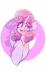 Size: 1318x2048 | Tagged: safe, artist:flaming heart, sweetie belle, curved horn, eyebrows, eyebrows visible through hair, female, filly, foal, g4, horn, imported from derpibooru, open mouth, open smile, pony, simple background, smiling, solo, unicorn, white background