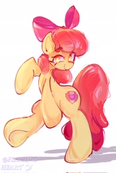 Size: 1365x2048 | Tagged: safe, artist:flaming heart, apple bloom, bipedal, colored lineart, earth pony, female, filly, foal, g4, imported from derpibooru, looking at you, pony, simple background, smiling, smiling at you, solo, standing, standing on one leg, white background