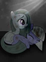 Size: 828x1120 | Tagged: safe, artist:angieimagines, fanfic:muffins, 2015, blood, crying, cute, duo, duo female, earth pony, fanfic art, female, filly, foal, frown, g4, imported from derpibooru, limestone pie, marble pie, open frown, open mouth, pony, sad, sadorable, scrapes, younger limestone pie, younger marble pie