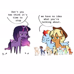 Size: 2048x2048 | Tagged: safe, artist:lunimo0x, applejack, rainbow dash, twilight sparkle, oc, oc:apple glaze, oc:aurora bloom, oc:orchard belle, oc:pear flutter, oc:russet, oc:stormy breeze, oc:zap apple, alicorn, ascot, banana, chibi, coat markings, colt, cowboy hat, dialogue, earth pony, female, filly, foal, food, g4, grin, hair over eyes, hat, hug, imported from derpibooru, lesbian, magical lesbian spawn, male, mare, oc only, offspring, parent:applejack, parent:rainbow dash, parents:appledash, pegasus, pony, redesign, ship:appledash, shipping, siblings, simple background, smiling, speech bubble, spiked wristband, spread wings, stallion, straw in mouth, twilight sparkle redesign, unshorn fetlocks, white background, wing around shoulder, winghug, wings, wristband