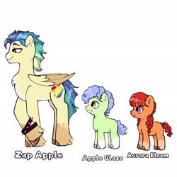 Size: 2048x2048 | Tagged: safe, artist:lunimo0x, oc, oc:apple glaze, oc:aurora bloom, oc:zap apple, character name, colt, earth pony, female, filly, foal, grin, imported from derpibooru, magical lesbian spawn, male, oc only, offspring, parent:applejack, parent:rainbow dash, parents:appledash, pegasus, pony, siblings, simple background, smiling, spiked wristband, stallion, trio, white background, wristband