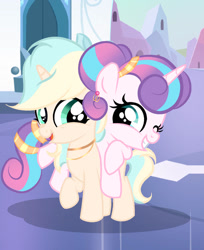 Size: 749x918 | Tagged: safe, artist:lps604, princess flurry heart, oc, oc:solstice shine, alicorn, crystal empire, duo, female, filly, filly flurry heart, foal, g4, grin, horn, imported from derpibooru, outdoors, pony, smiling, unicorn, unicorn oc