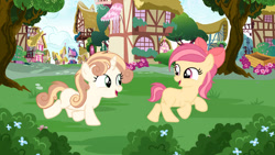 Size: 749x422 | Tagged: safe, artist:lps604, oc, oc:apple pop, oc:sweetie tune, earth pony, earth pony oc, female, filly, foal, horn, imported from derpibooru, oc only, offspring, outdoors, parent:apple bloom, parent:button mash, parent:sweetie belle, parent:tender taps, parents:sweetiemash, parents:tenderbloom, pony, unicorn, unicorn oc